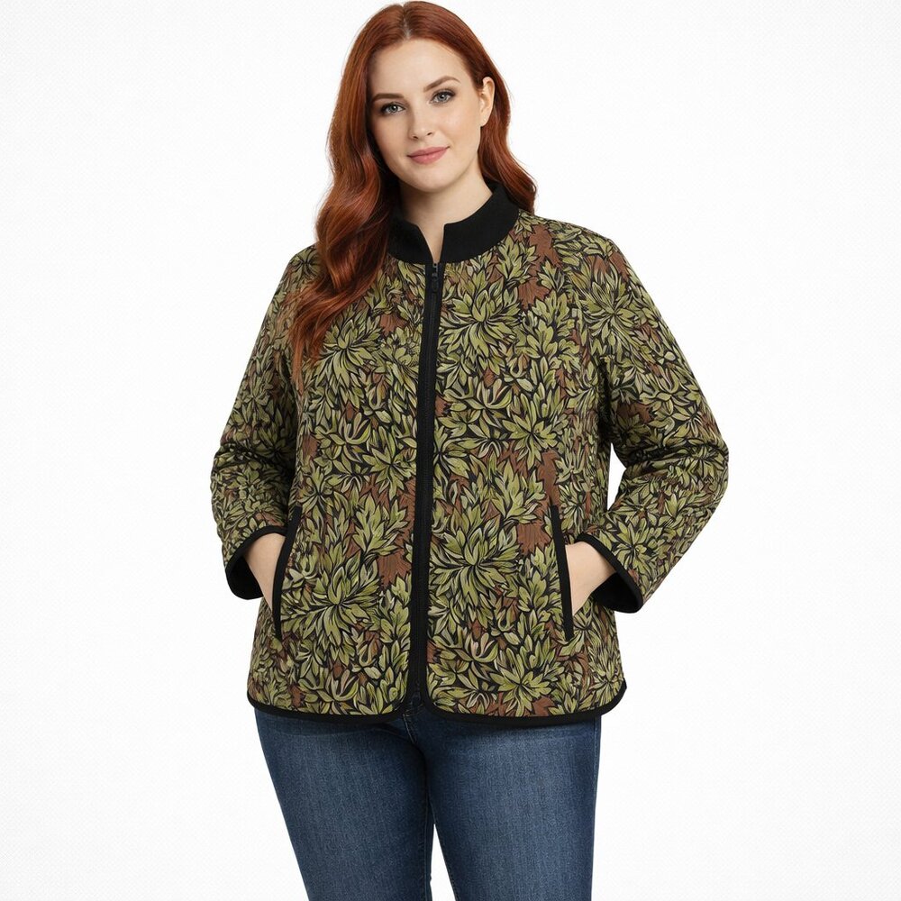 Bob Mackie Wearable Art Green Brown Leaf Jacket Womens Size Large Quilted